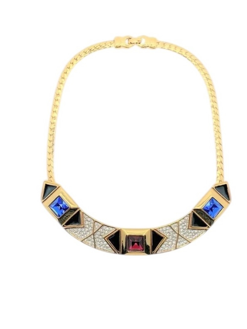 Vtg Monet Directives Jewelled Deco Style Necklace Gold Tone Enamel Pave Crystals